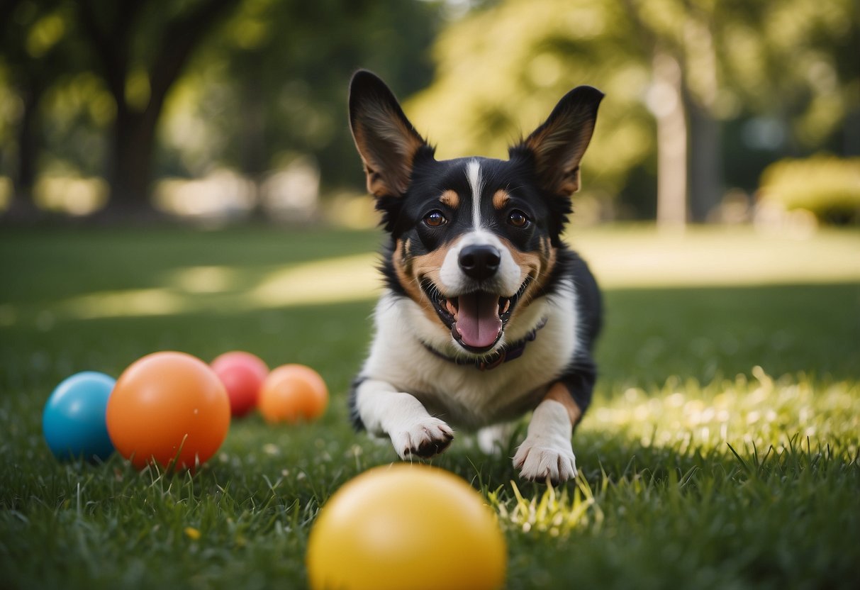 A playful dog running through a lush green park, chasing after a colorful ball. Nearby, a content cat lounges in a sunny window, surrounded by toys and a cozy bed