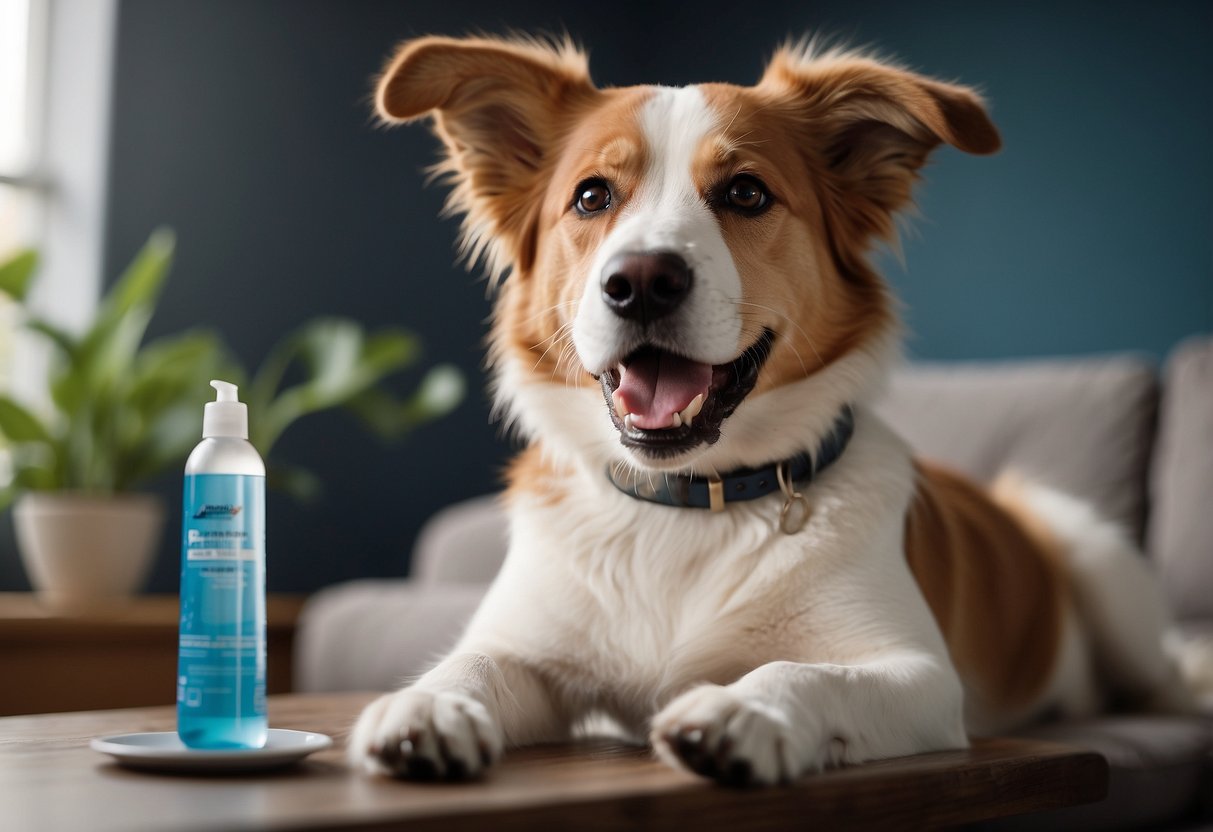 A dog happily sits while its owner brushes its teeth with a pet-friendly toothbrush and toothpaste. A bowl of fresh water and a chew toy are nearby