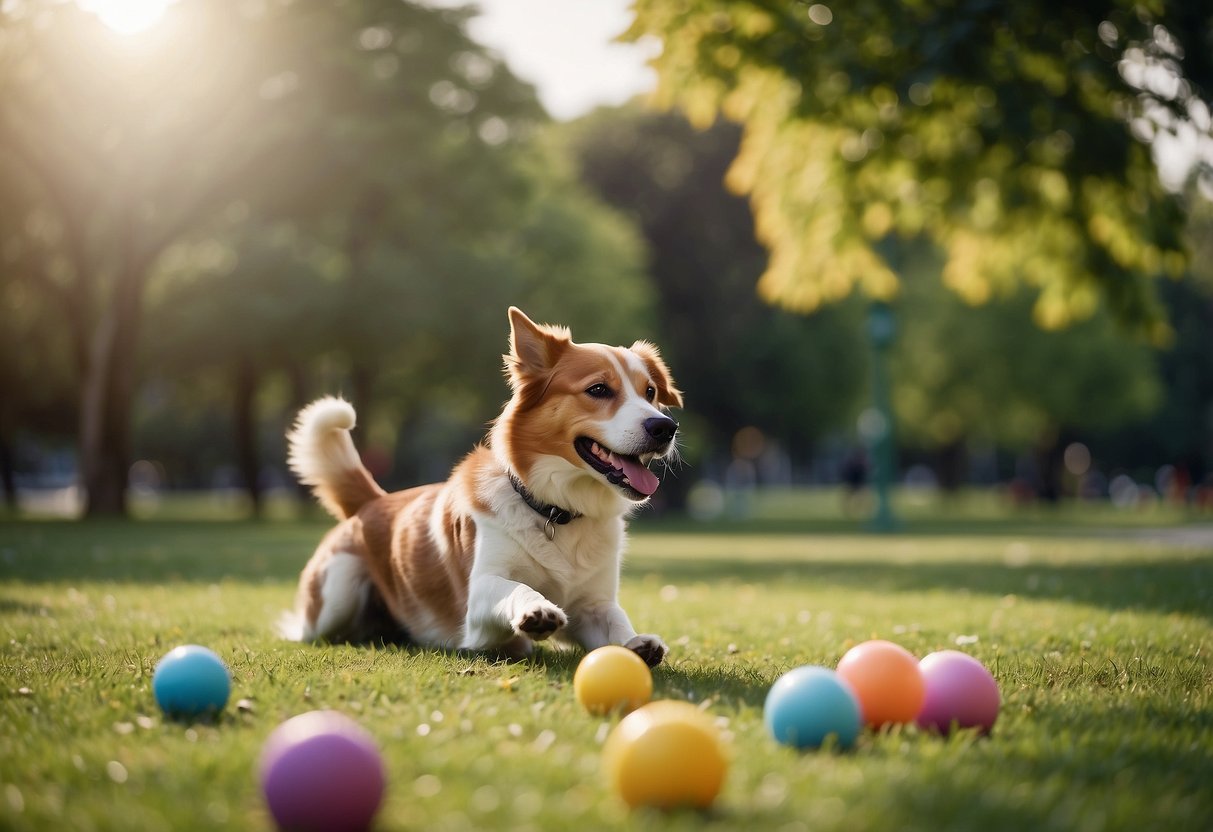 A sunny park with a happy dog playing fetch, surrounded by colorful toys and healthy treats. A peaceful atmosphere with greenery and a sense of joy