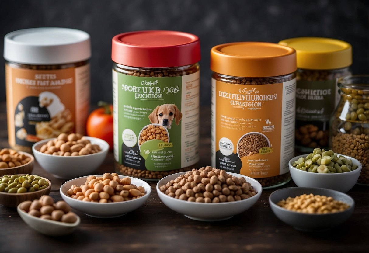 A variety of healthy dog food options displayed with fresh ingredients and nutritional information