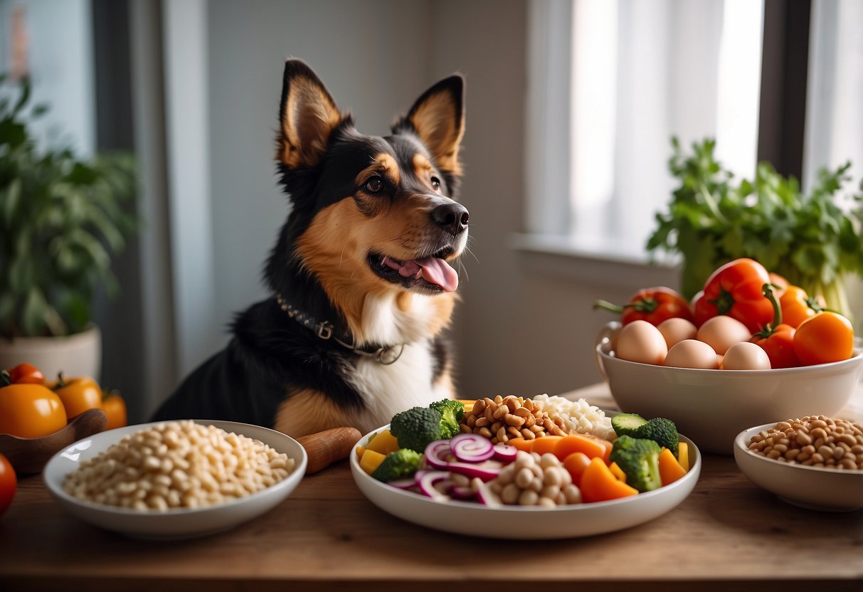 A dog sitting next to a bowl of food, with a variety of healthy ingredients such as meat, vegetables, and grains displayed nearby