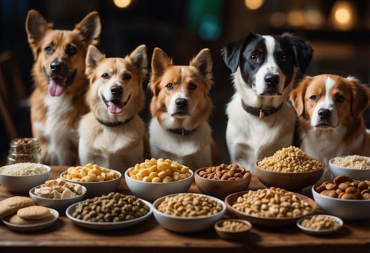 A variety of dog breeds sit side by side, each with a different type of food in front of them. Some are eagerly eating, while others seem uninterested