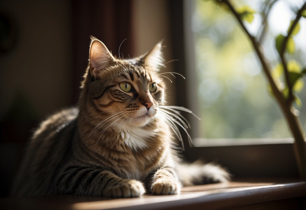 A cat sitting with its ears perked up and tail twitching, while staring intently at a bird outside the window