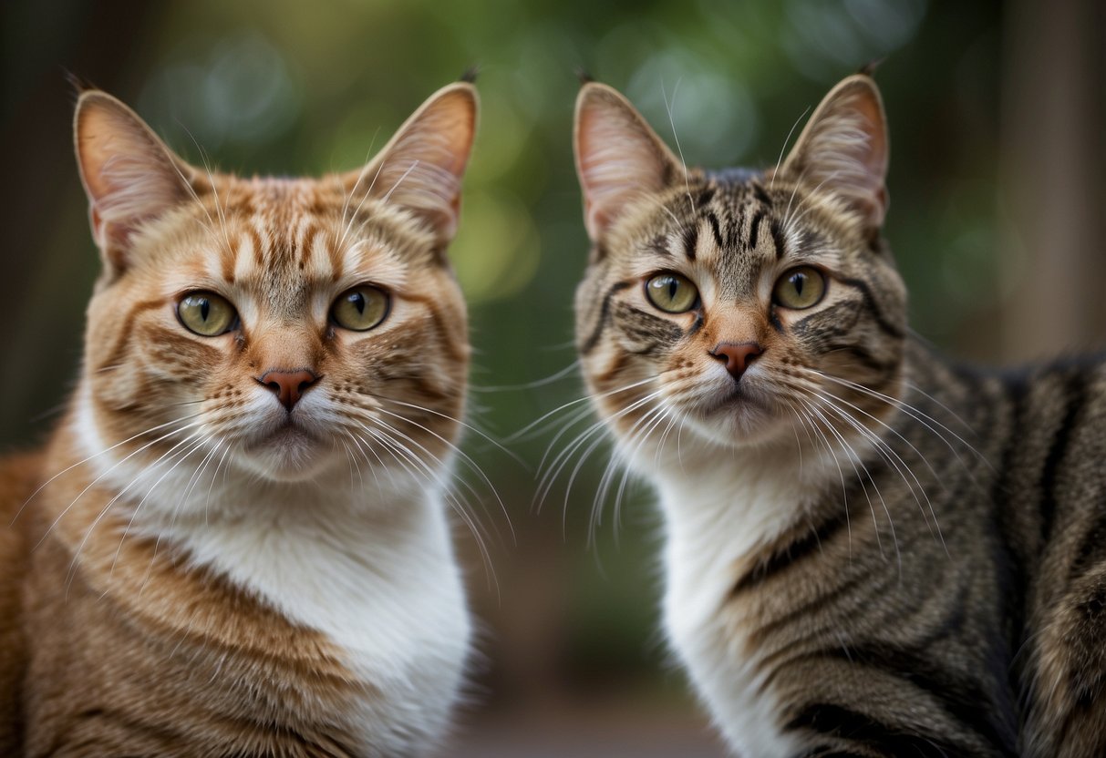 A cat with raised tail and ears, narrowed eyes, and bared teeth, facing another cat with lowered body, dilated eyes, and flattened ears