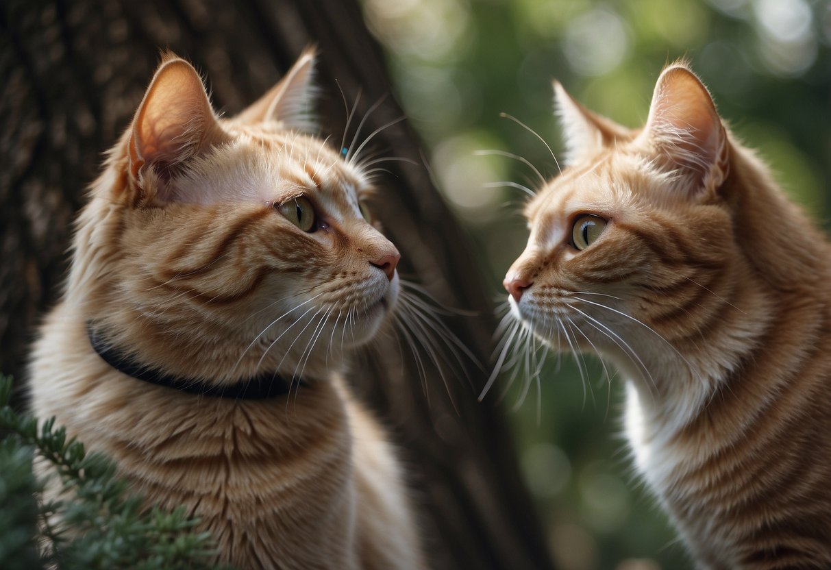 A cat rubbing its cheek against a tree, leaving a scent mark, while another cat sniffs and investigates the marked area