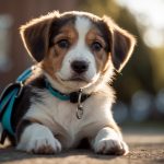 A young puppy sits attentively, gazing up at its owner with eager eyes. The owner holds a bag of treats, ready to reward the puppy for following commands. A leash and collar are nearby, ready for training