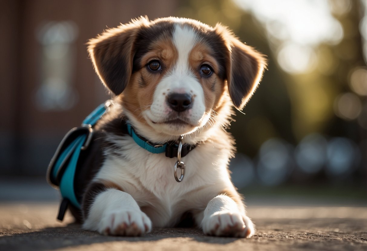 A young puppy sits attentively, gazing up at its owner with eager eyes. The owner holds a bag of treats, ready to reward the puppy for following commands. A leash and collar are nearby, ready for training