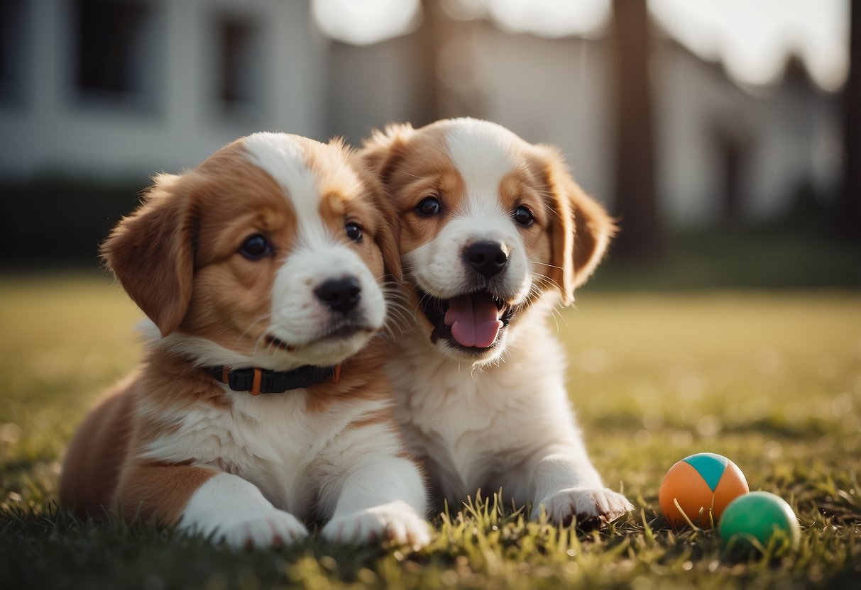 A playful puppy chewing on a toy, while another puppy sits attentively, ready for training