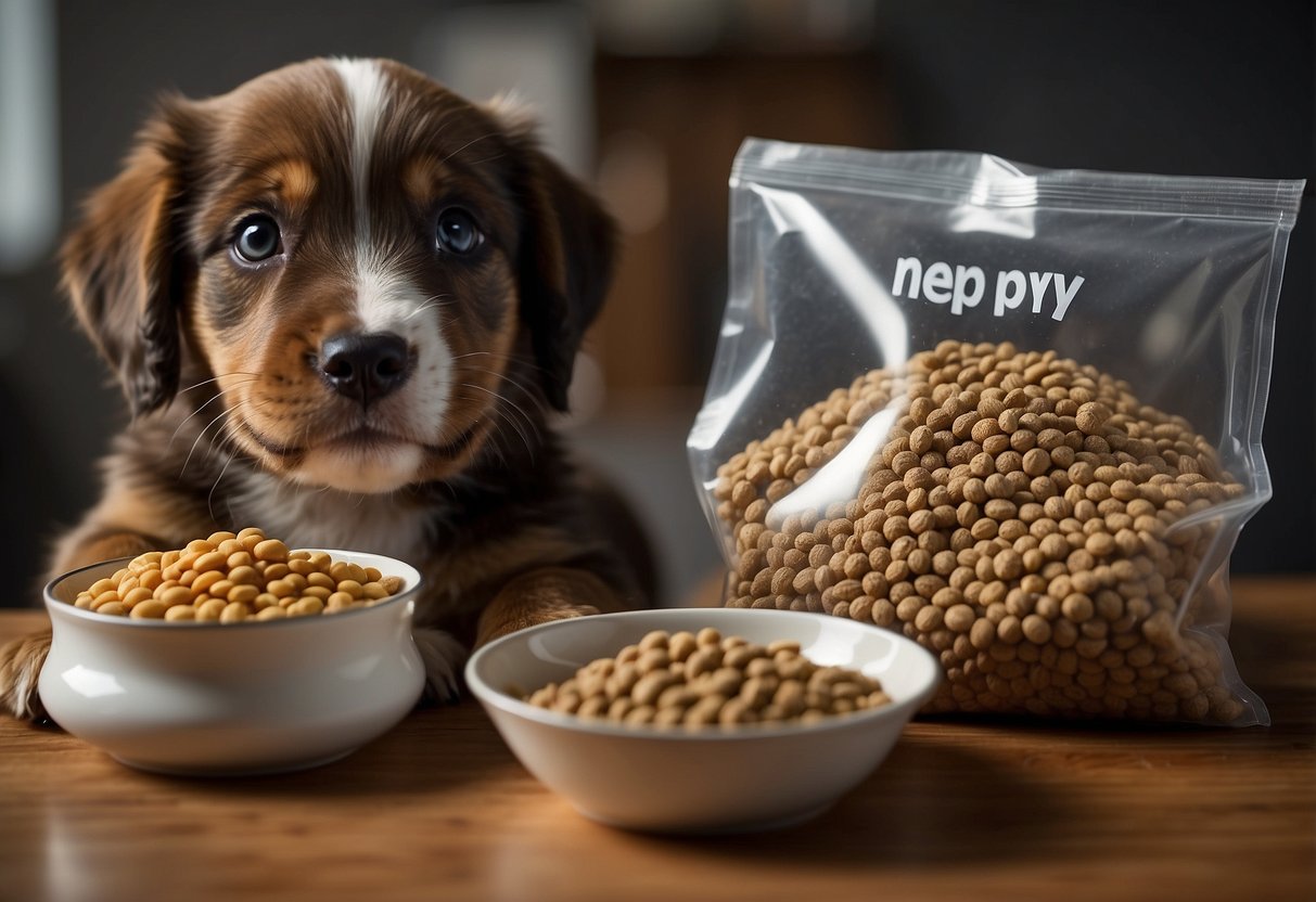 A puppy eagerly sits in front of a bowl of balanced nutrition, while a hand pours kibble into the bowl from a bag labeled "puppy food."