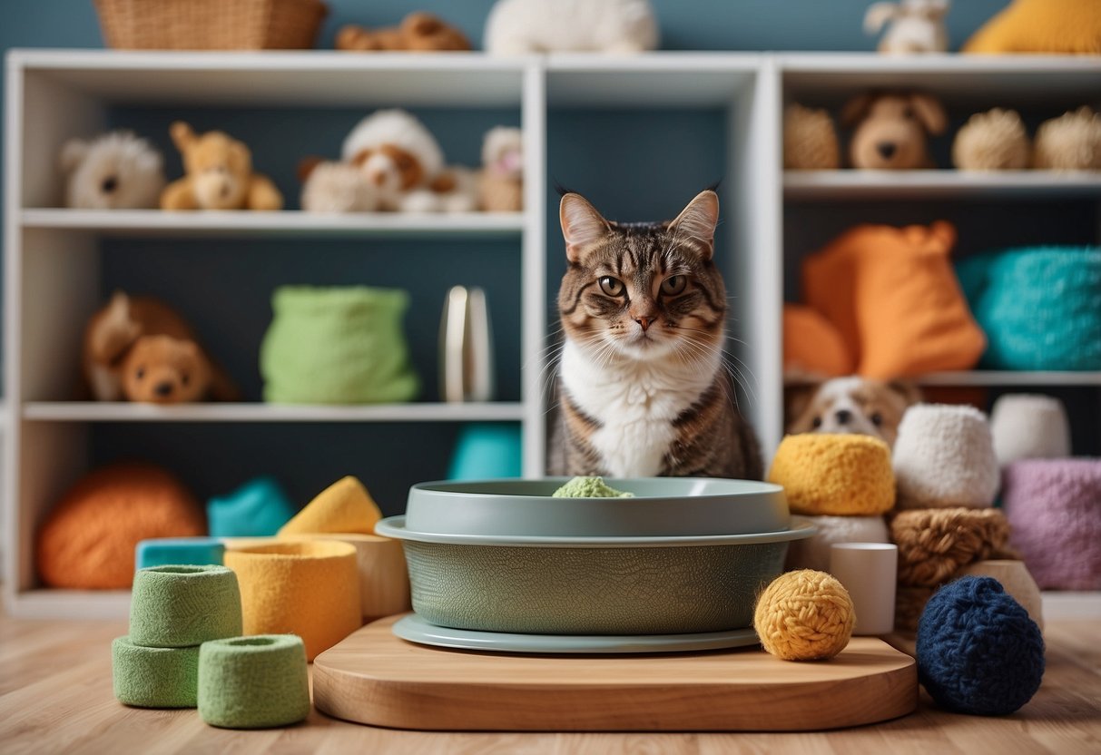 A variety of pet supplies arranged neatly on a shelf, including food bowls, leashes, toys, grooming tools, and a cozy bed