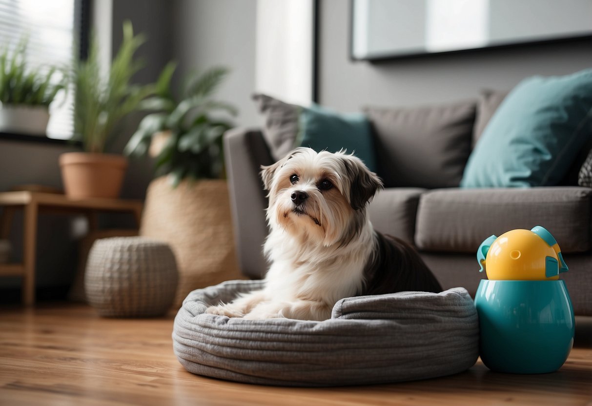 A cozy living room with pet bed, food and water bowls, toys, and grooming supplies neatly organized