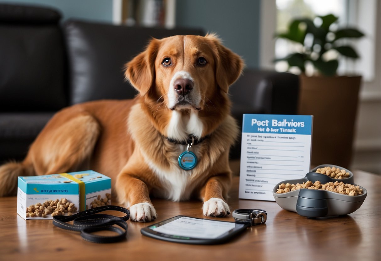 A dog sits next to a pile of essential pet supplies, including a leash, collar, training treats, and a clicker. A training book and a behavior chart are displayed nearby