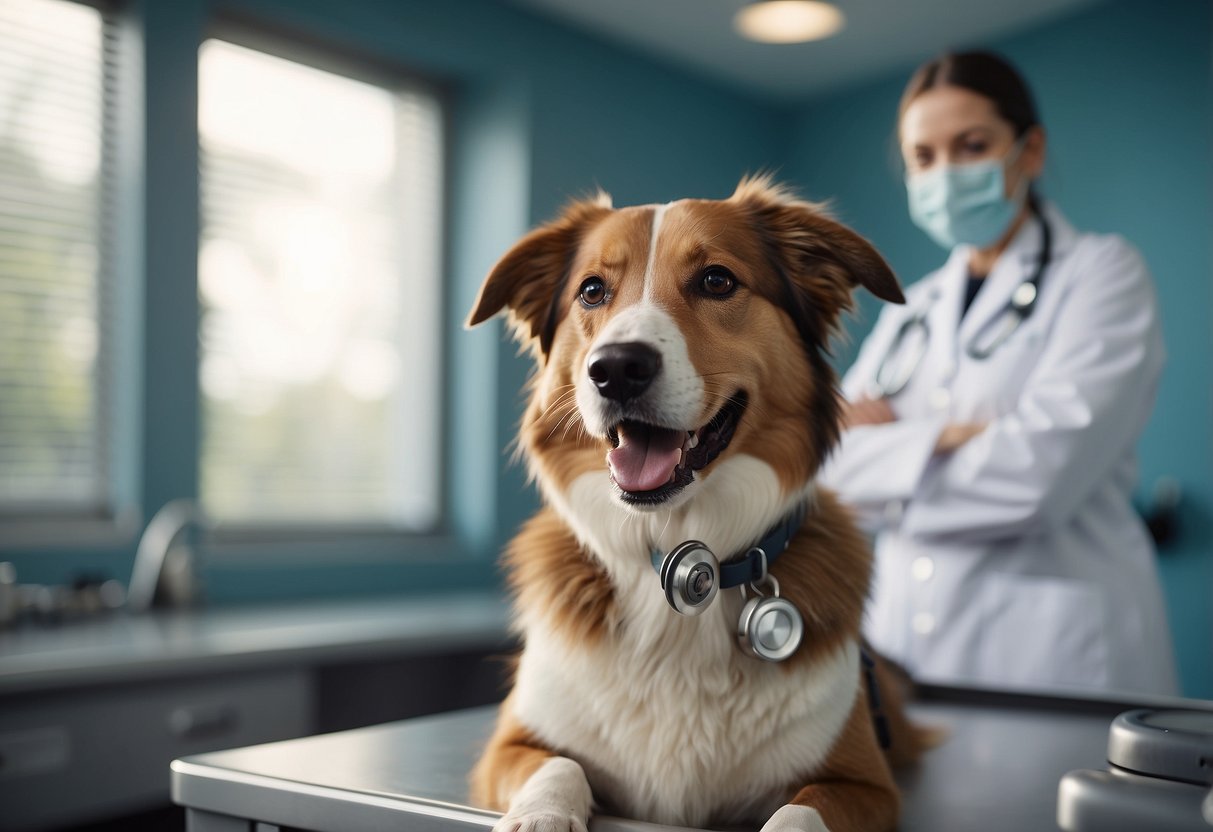 A happy dog sits on a vet's examination table, tail wagging. The vet smiles while checking the dog's teeth and listening to its heartbeat with a stethoscope