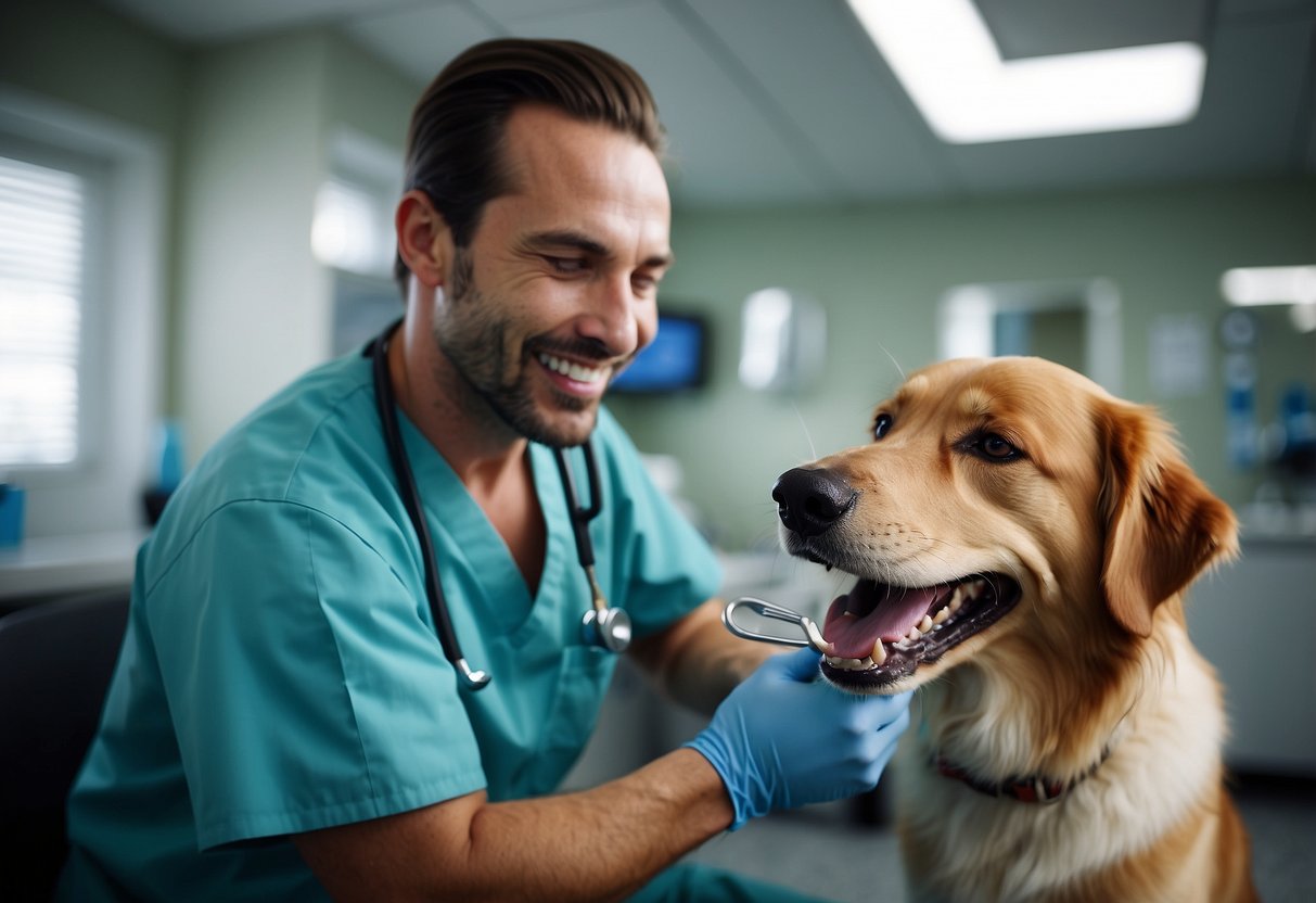 A happy dog getting its teeth checked by a vet, with dental tools and a bright, clean environment