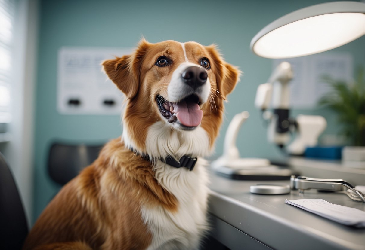 A happy dog sitting on an examination table at the vet's office, while a veterinarian performs a thorough check-up, including behavioral assessments