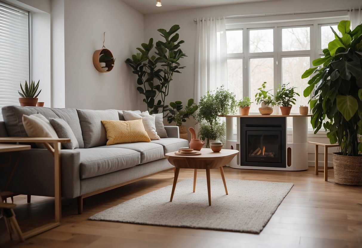 A cozy living room with pet-friendly furniture and non-toxic plants. Safety gates and secure cabinets for pet supplies. No exposed electrical cords