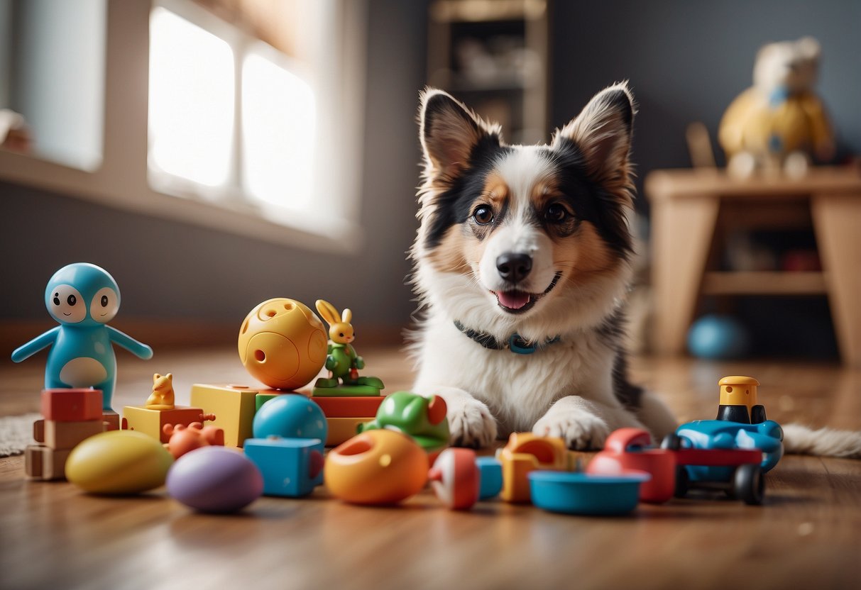 A variety of toys and activities scattered across a spacious room, with a pet eagerly engaging with each one