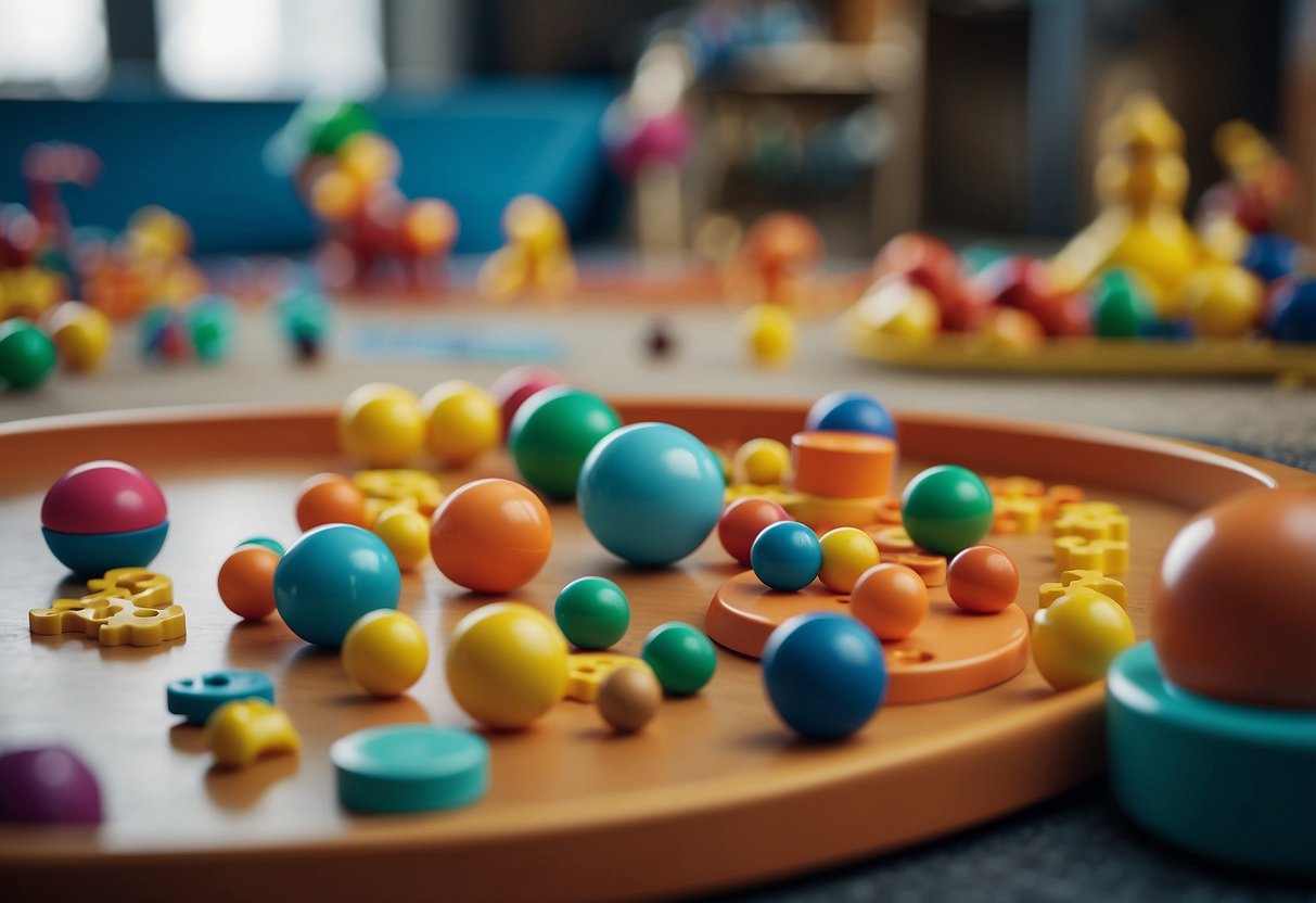 A variety of toys and activities are scattered across a colorful play area, including puzzle feeders, interactive toys, and treat-dispensing balls