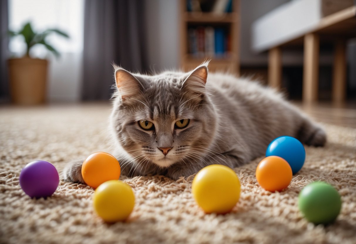 A variety of toys scattered on the floor, including balls, chew toys, and puzzle feeders. A cozy bed and a scratching post are also present