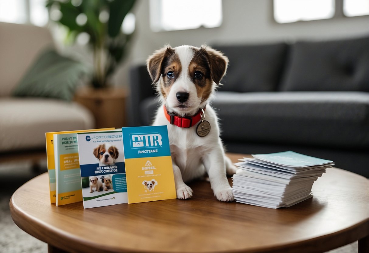 A playful puppy with a wagging tail sits next to a stack of pet insurance brochures, while a list of coverage and exclusions is displayed on a nearby sign