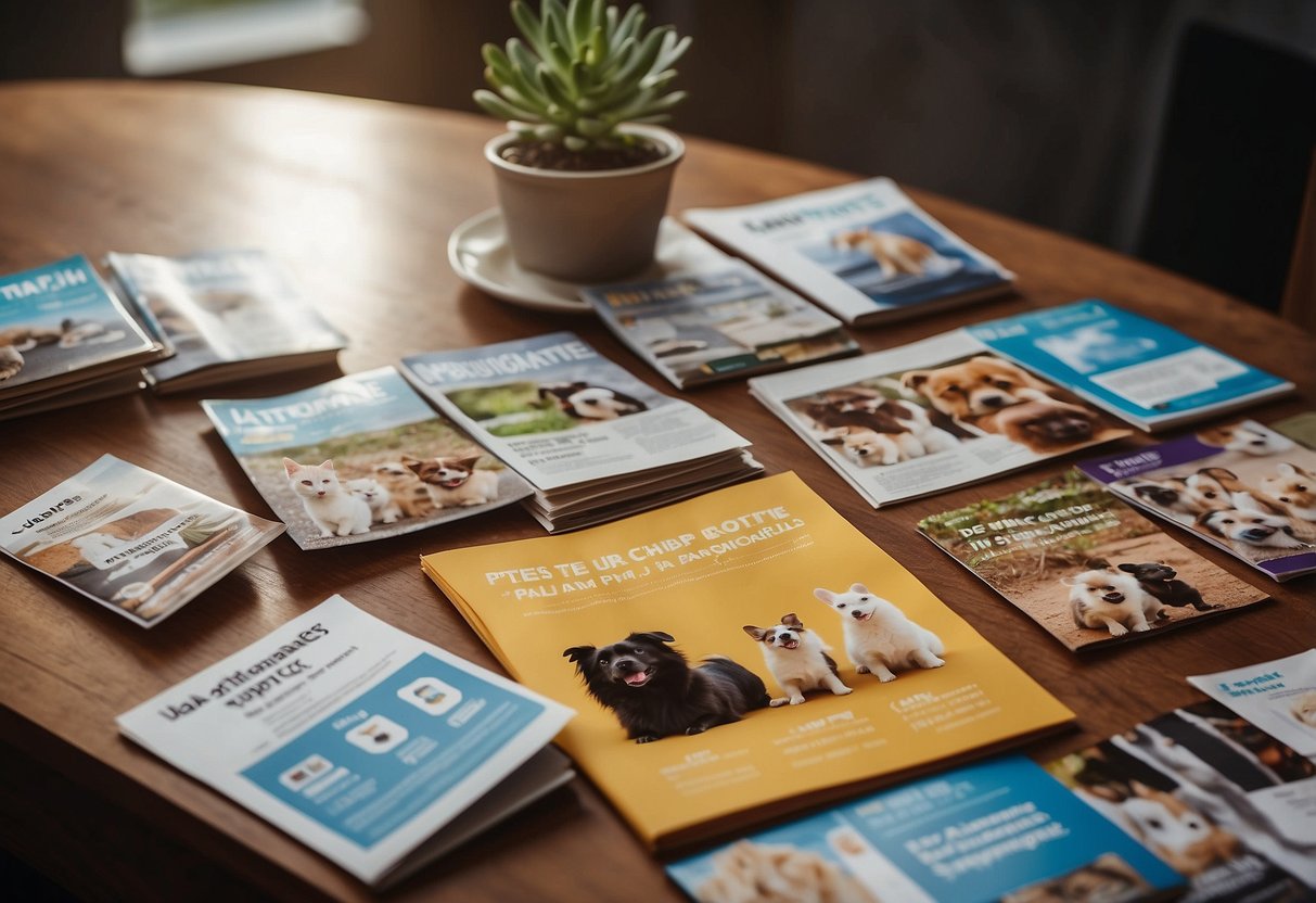 A group of pets, including a dog, cat, and rabbit, sit in front of a table with various pet insurance brochures and pamphlets scattered across it. The pets appear to be comparing and evaluating the different options available to them