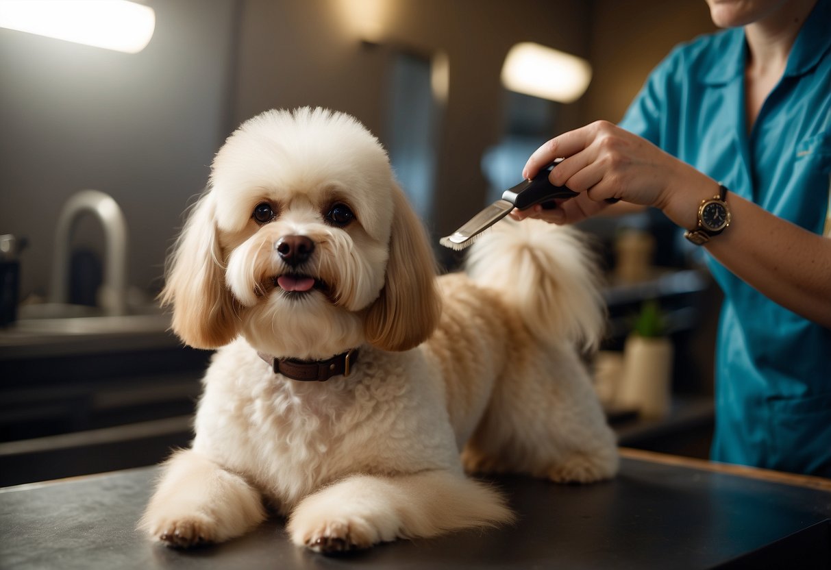 A poodle being groomed with a fluffy, rounded haircut. A golden retriever getting brushed with a slick, shiny coat. A shih tzu getting its long fur trimmed and styled