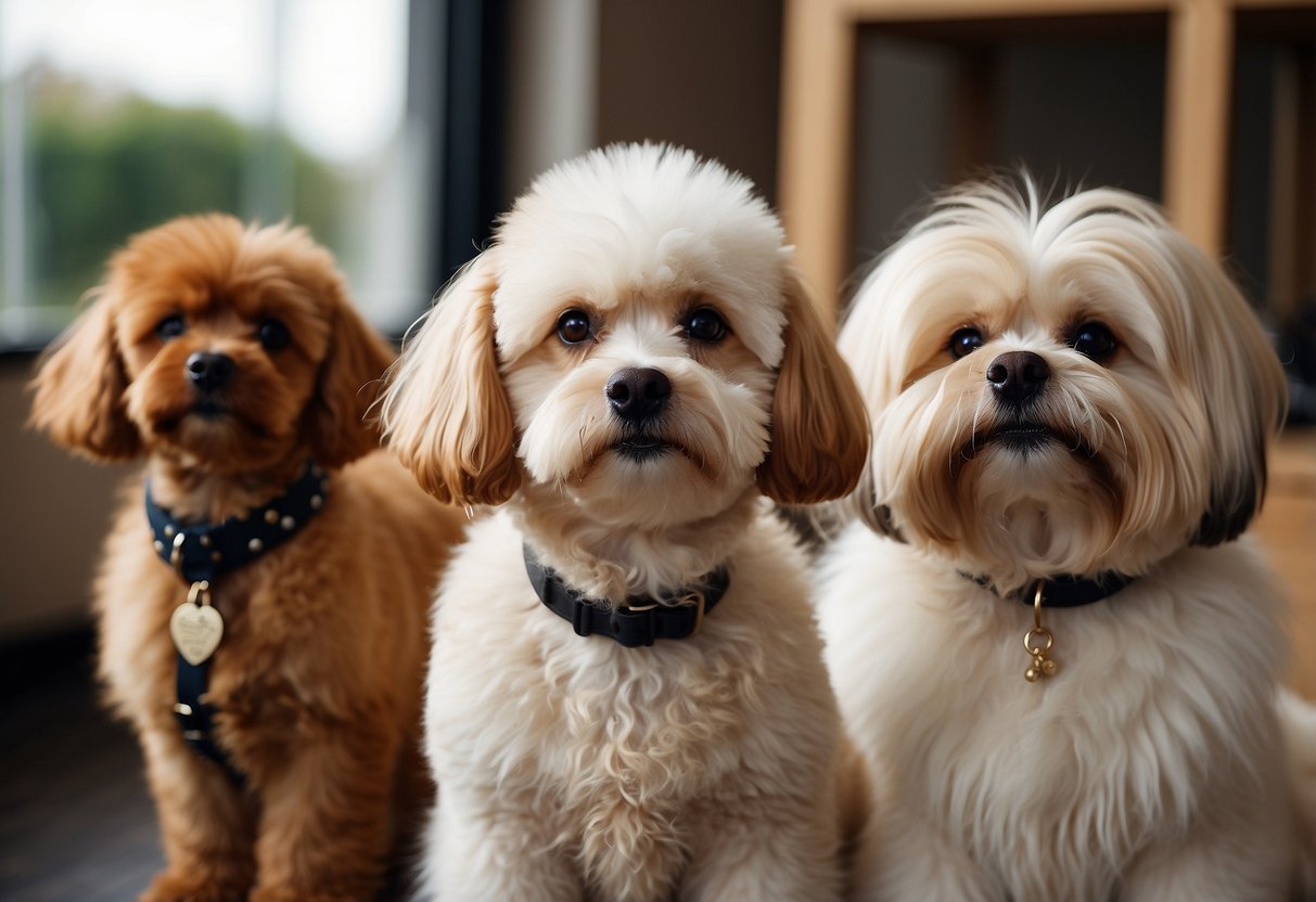 A poodle being groomed with a pom-pom tail and fluffy ears, a golden retriever with a shiny coat and trimmed feathering, and a shih tzu with a topknot and flowing coat