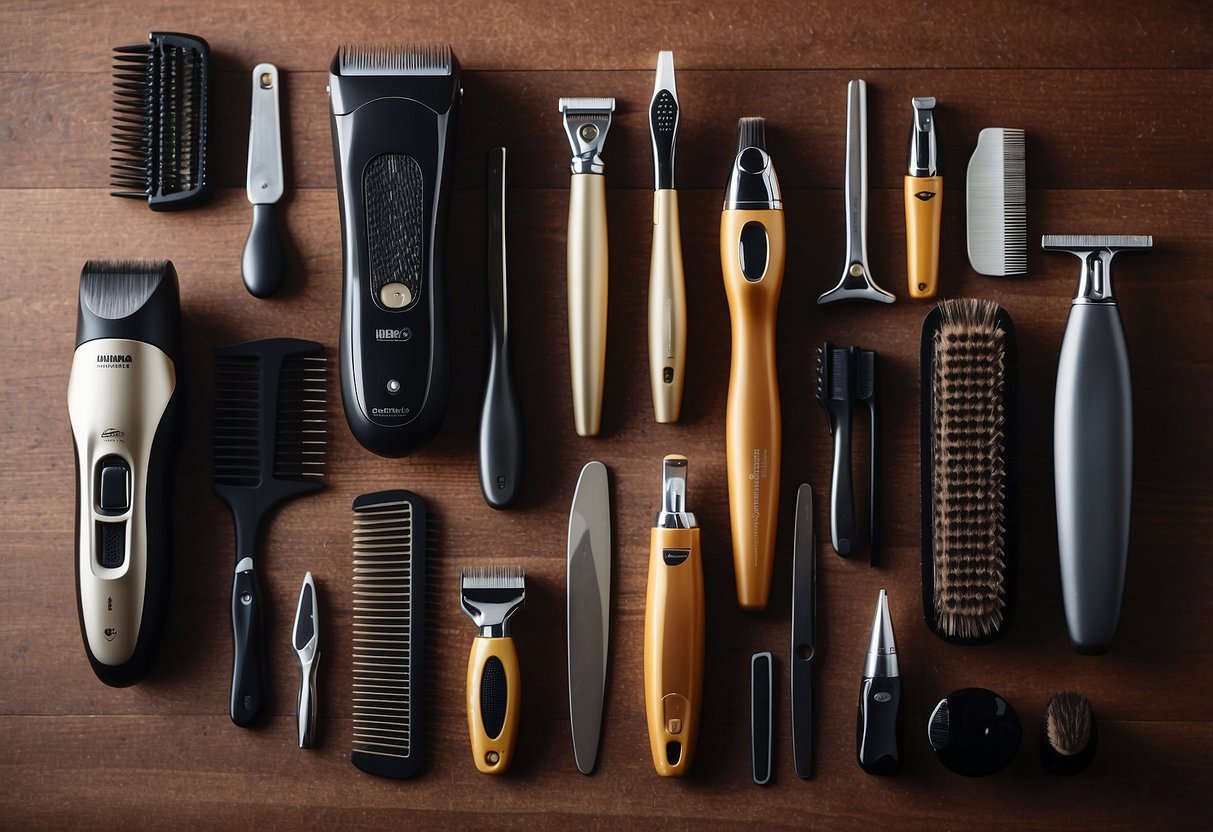 A variety of grooming tools laid out neatly, with different combs, brushes, and clippers for various dog breeds