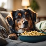 A senior dog lying comfortably on a soft bed, surrounded by gentle lighting and a cozy atmosphere. A water bowl and easily accessible food nearby