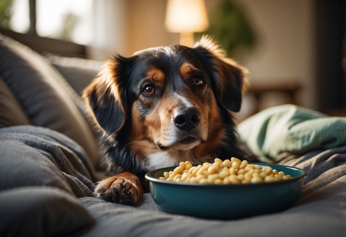 A senior dog lying comfortably on a soft bed, surrounded by gentle lighting and a cozy atmosphere. A water bowl and easily accessible food nearby