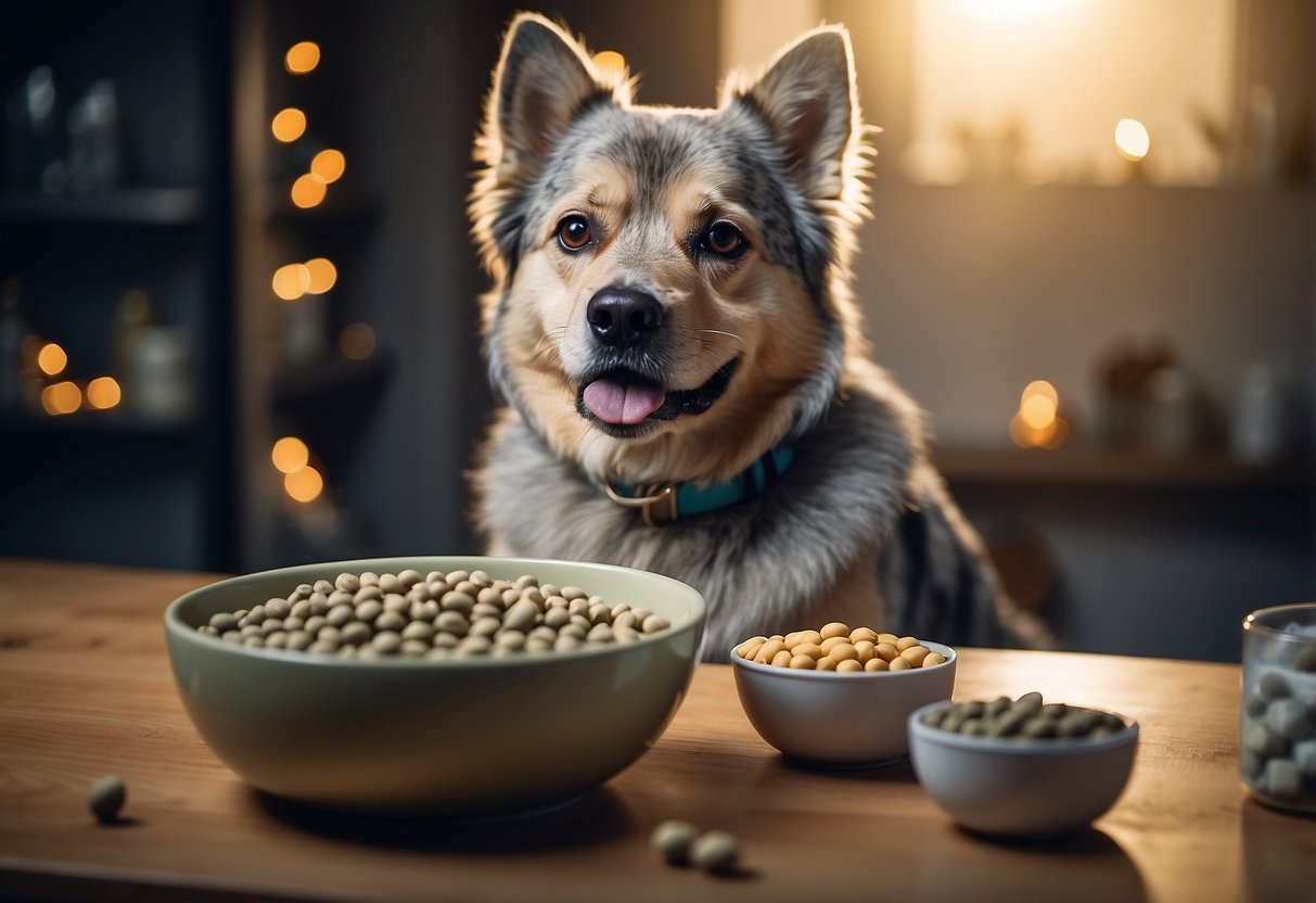 A senior dog with gray fur eating from a bowl of specially formulated senior pet food, surrounded by supplements and water, with a gentle and caring owner nearby