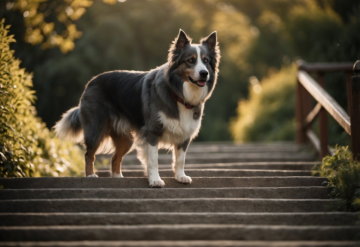 A senior dog with gray fur struggles to climb stairs, while a younger dog waits patiently at the bottom. A ramp and gentle slope provide easier access for the older dog