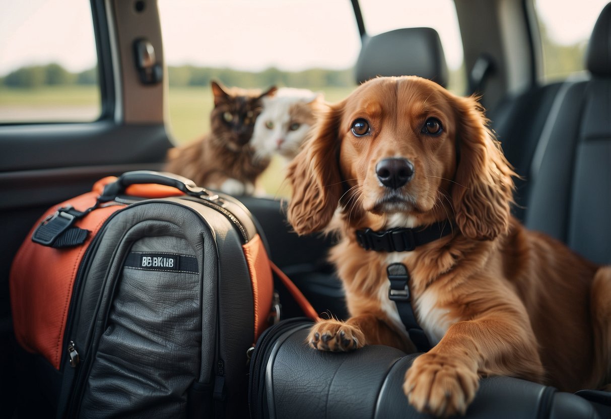 A dog and cat sit in carriers, surrounded by travel essentials like food bowls, leashes, and toys. A car and airplane are visible in the background