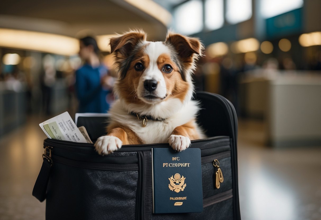 A dog sits in a carrier next to a passport and travel documents. A sign nearby outlines pet travel policies