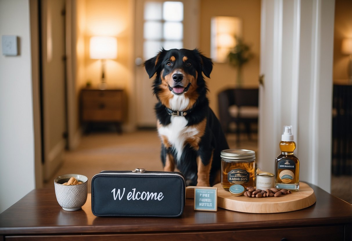 A dog sits in a cozy hotel room, with a plush bed, food and water bowls, and a pet-friendly welcome package on the table. A leash and collar hang on the doorknob, and a pet-friendly sign is displayed on the door