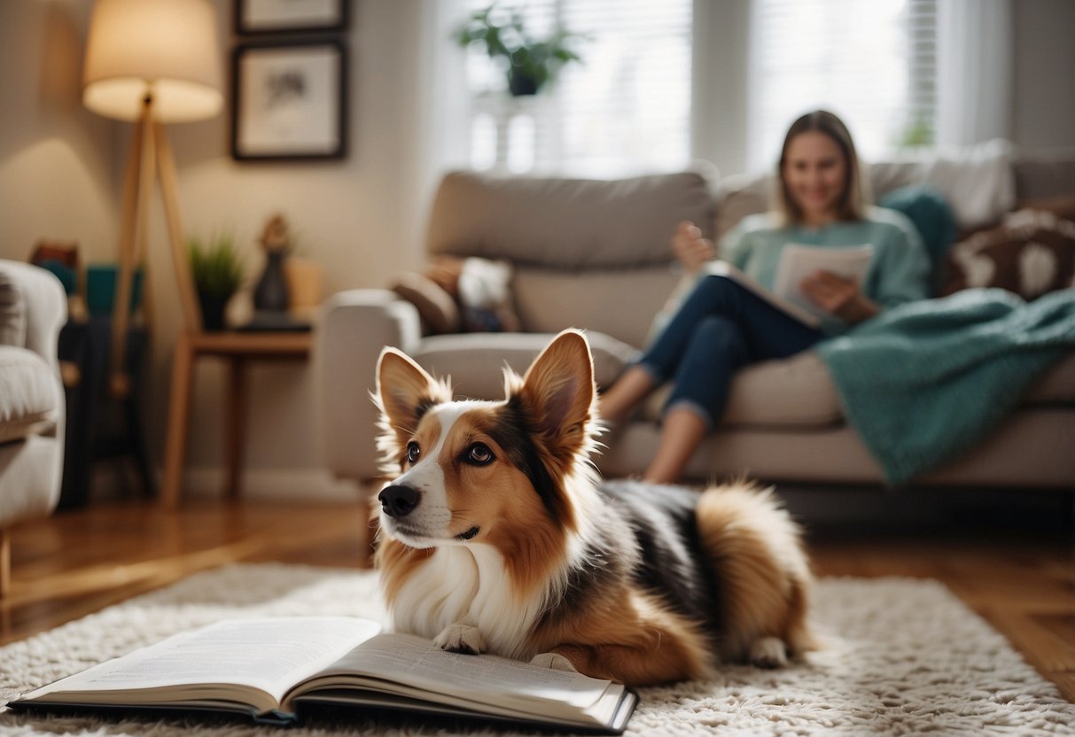 A cozy living room with a pet bed, toys, and food bowls. A family calendar with vet appointments and a list of pet supplies. A smiling family looking at adoption paperwork