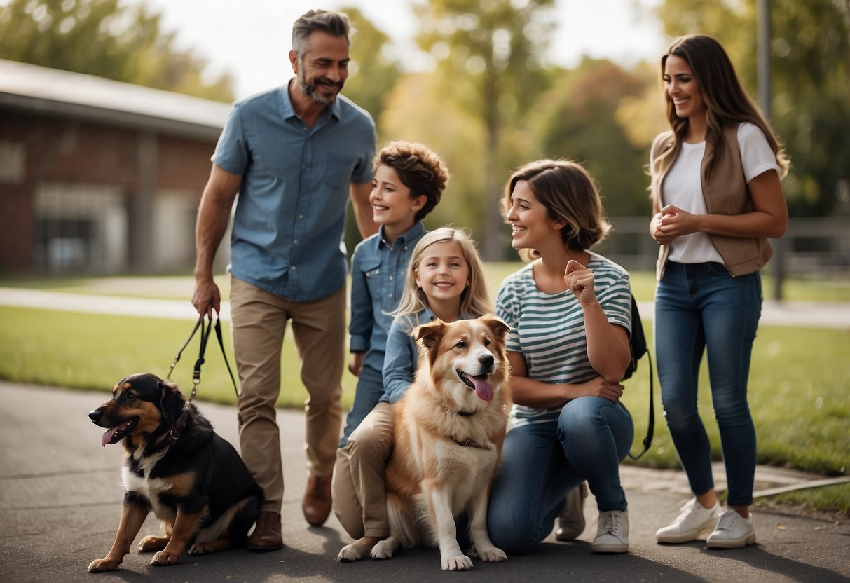 A family eagerly waits at an animal shelter. A staff member introduces them to a playful dog. The family smiles, ready to welcome a new furry friend