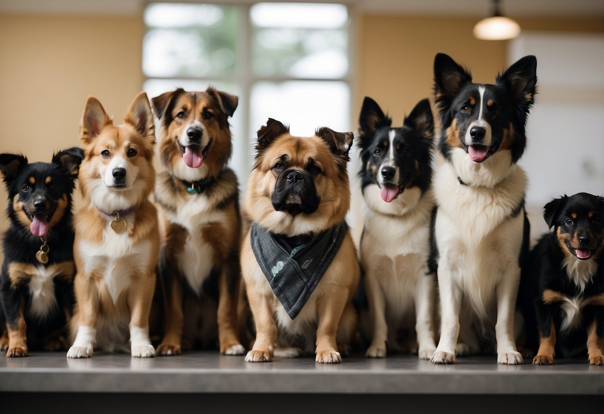 A group of dogs of various breeds, ages, and sizes are depicted in a veterinary clinic, receiving preventive care and vaccinations from a veterinarian