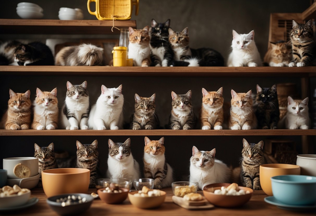 A group of cats with various symptoms, such as sneezing, vomiting, and lethargy, surrounded by common pet health items like food bowls, litter boxes, and toys