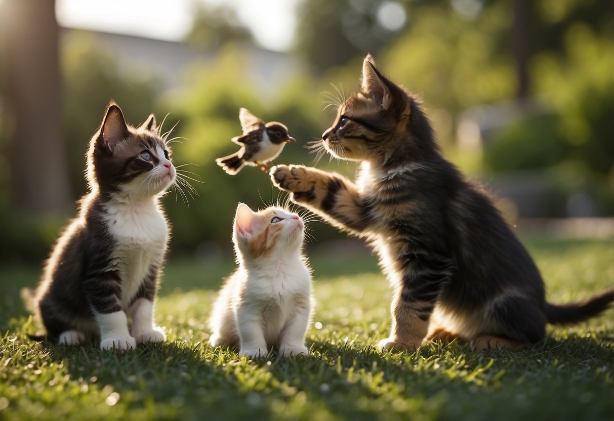 A group of puppies, kittens, and baby birds play and interact with each other in a natural setting, supervised by their parents or caregivers