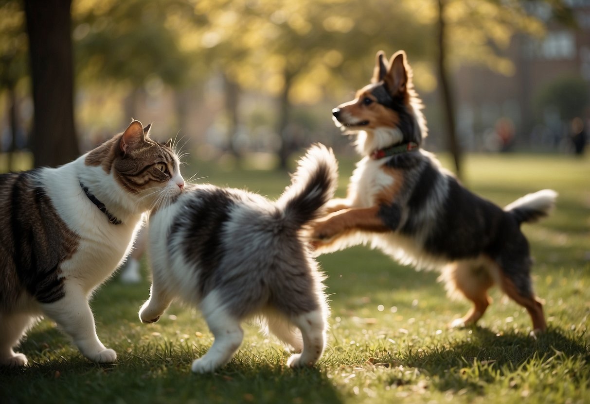 Animals playing together in a park, interacting with each other happily. A variety of pets, such as dogs, cats, and rabbits, are seen socializing and enjoying each other's company