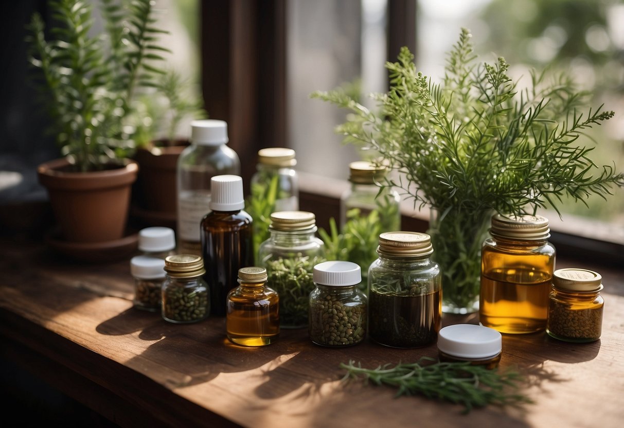 A serene setting with a variety of natural herbs, plants, and supplements displayed alongside pet-friendly remedies and treatments for holistic pet care