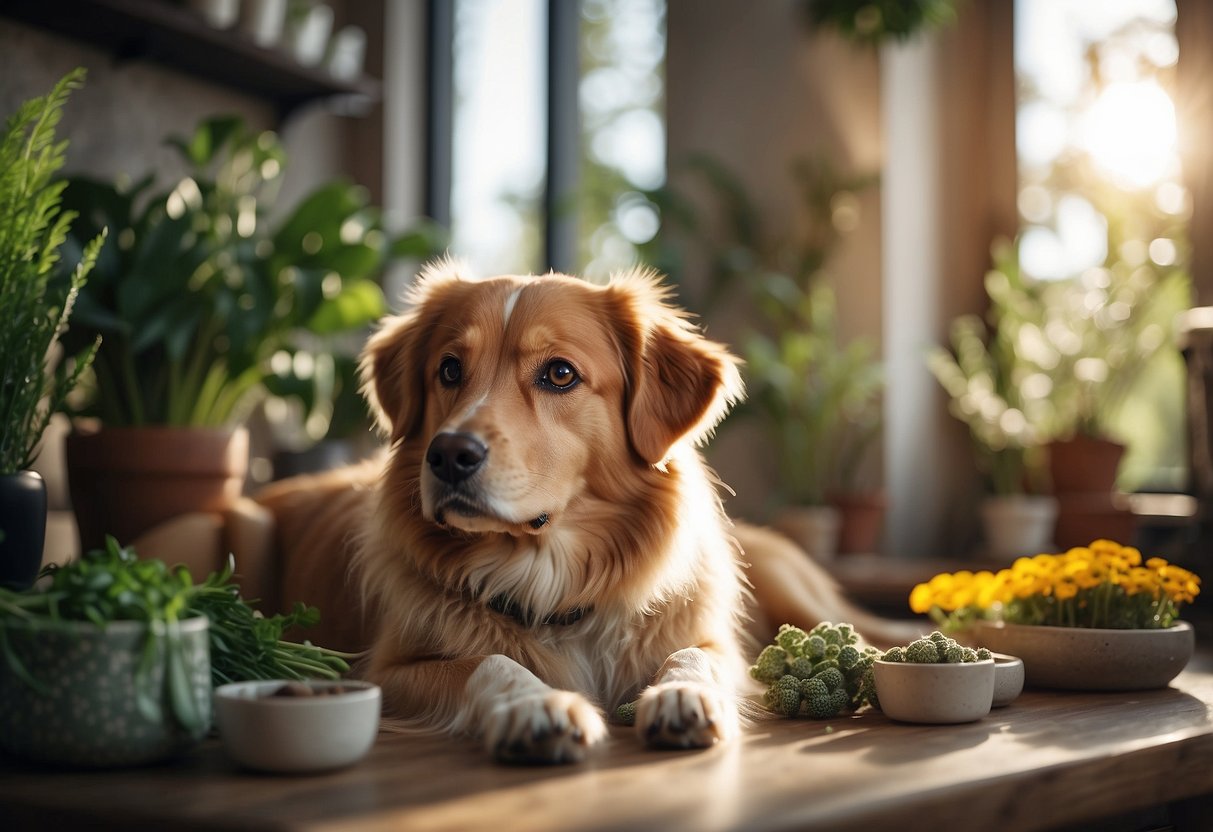 A dog receiving holistic pet care, surrounded by natural remedies and treatments in a peaceful, calming environment