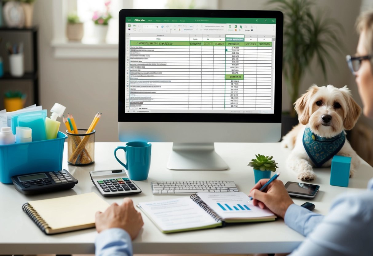 A pet owner sits at a desk with a notebook and calculator, surrounded by pet supplies. A budget spreadsheet is open on the computer screen, with a list of cost-saving strategies written out