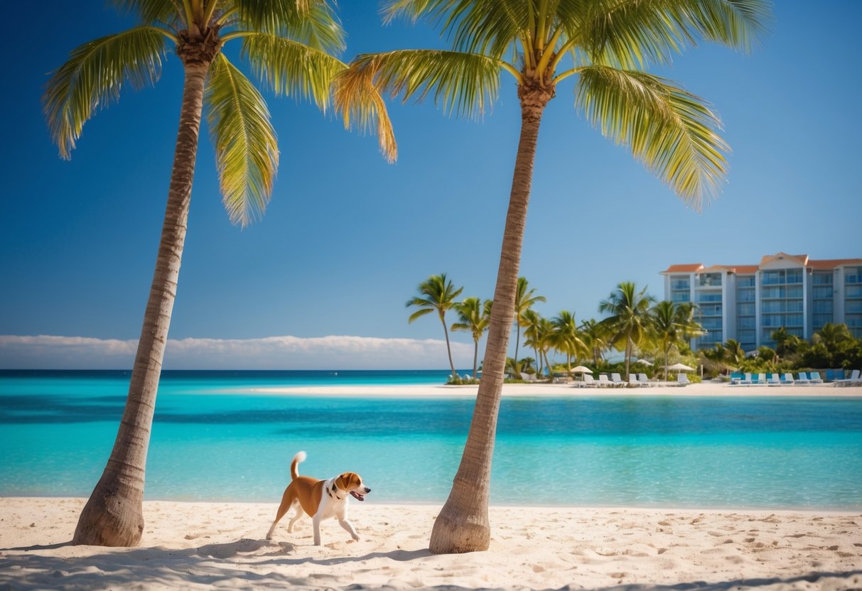 A sunny beach with palm trees and clear blue water, with a dog playing in the sand and a pet-friendly resort in the background