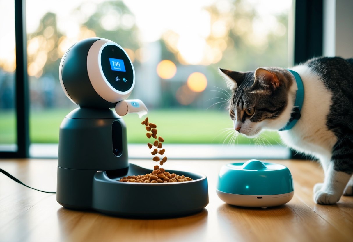 A smart pet feeder dispenses food into a bowl. A GPS tracker attaches to a collar. A robotic toy entertains a cat