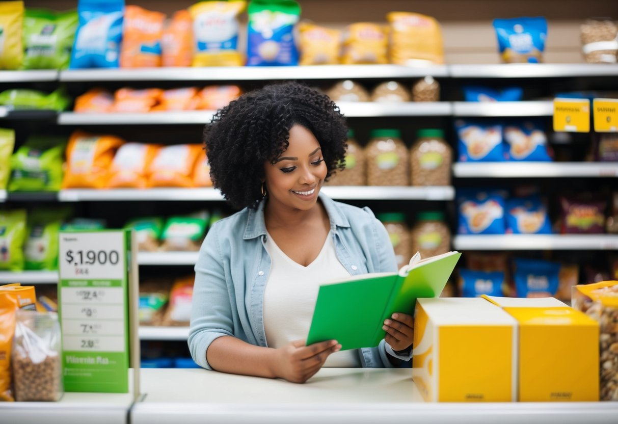 A pet owner carefully compares prices and reads nutrition labels while shopping for pet food at a store. They have a budgeting notebook in hand