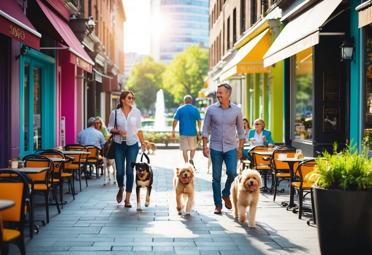 A bustling city street with colorful storefronts and outdoor cafes, where dogs and their owners stroll leisurely. The sun shines overhead, and a park with greenery and a fountain is visible in the distance