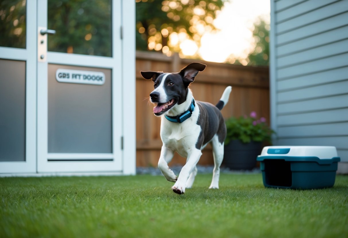 A dog wearing a GPS tracking collar plays in a secure backyard with a smart pet door and a self-cleaning litter box nearby