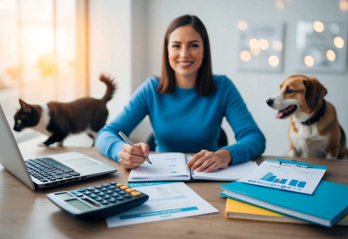 A pet owner sits at a desk with a calculator, budgeting notebook, and pet insurance documents. A cat and dog play in the background